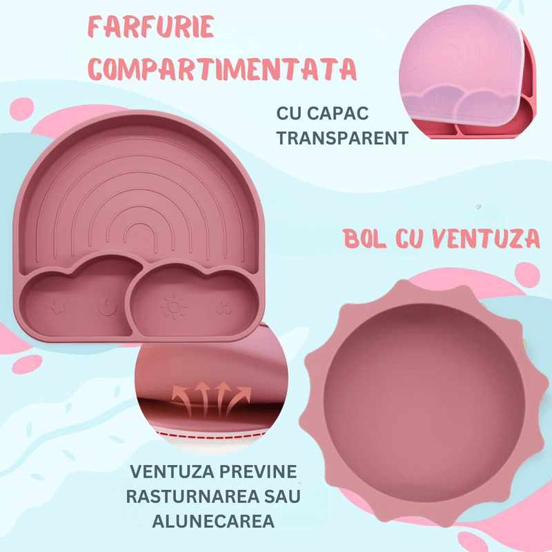 Jucarii, Copii si Bebe - Hrana si alaptare - Biberoane, suzete si accesorii hranire - Articole hranire bebelusi - Set hranire bebe, BLEKSY®, Baveta, Bol cu Ventuza, Farfurie cu Capac, Pahar, Lingurita si Furculita, Fara Alergeni - Infinity.ro