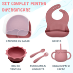 Jucarii, Copii si Bebe - Hrana si alaptare - Biberoane, suzete si accesorii hranire - Articole hranire bebelusi - Set hranire bebe, BLEKSY®, Baveta, Bol cu Ventuza, Farfurie cu Capac, Pahar, Lingurita si Furculita, Fara Alergeni - Infinity.ro