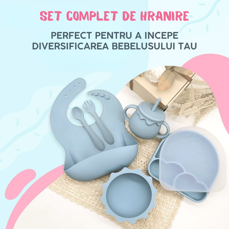 Jucarii, Copii si Bebe - Hrana si alaptare - Biberoane, suzete si accesorii hranire - Articole hranire bebelusi - Set hranire bebe, BLEKSY®, Baveta, Bol cu Ventuza, Farfurie cu Capac, Pahar, Lingurita si Furculita, Fara Alergeni, Blue - Infinity.ro