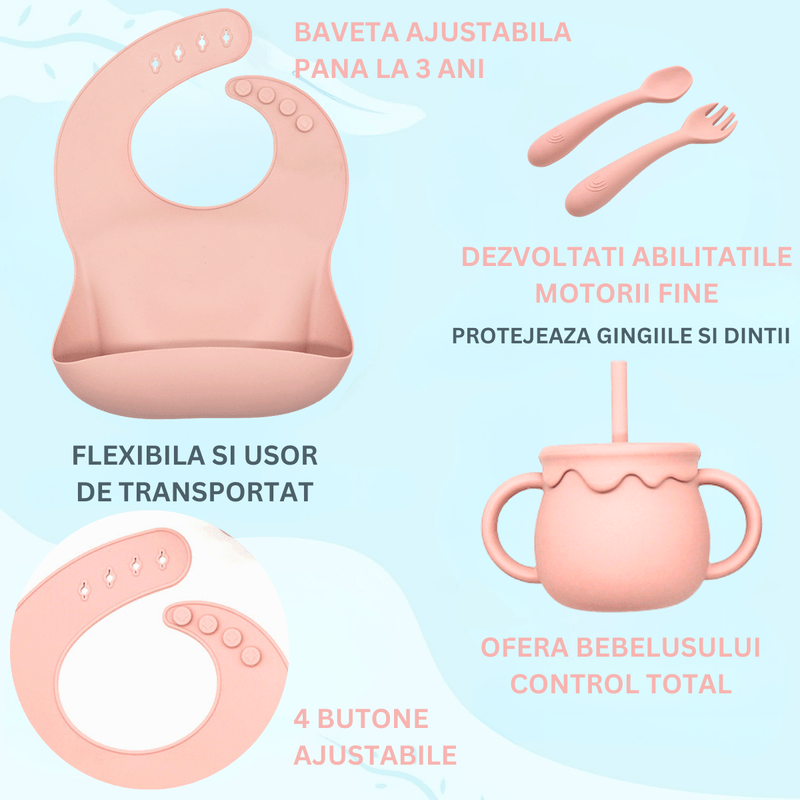 Jucarii, Copii si Bebe - Hrana si alaptare - Biberoane, suzete si accesorii hranire - Articole hranire bebelusi - Set hranire bebe, BLEKSY®, Baveta, Bol cu Ventuza, Farfurie cu Capac, Pahar, Lingurita si Furculita, Fara Alergeni, Roz - Infinity.ro