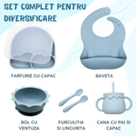 Jucarii, Copii si Bebe - Hrana si alaptare - Biberoane, suzete si accesorii hranire - Articole hranire bebelusi - Set hranire bebe, BLEKSY®, Baveta, Bol cu Ventuza, Farfurie cu Capac, Pahar, Lingurita si Furculita, Fara Alergeni, Blue - Infinity.ro