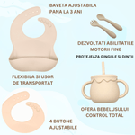 Jucarii, Copii si Bebe - Hrana si alaptare - Biberoane, suzete si accesorii hranire - Articole hranire bebelusi - Set hranire bebe, BLEKSY®, Baveta, Bol cu Ventuza, Farfurie cu Capac, Pahar, Lingurita si Furculita, Fara Alergeni, Bej - Infinity.ro