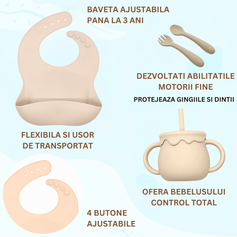 Jucarii, Copii si Bebe - Hrana si alaptare - Biberoane, suzete si accesorii hranire - Articole hranire bebelusi - Set hranire bebe, BLEKSY®, Baveta, Bol cu Ventuza, Farfurie cu Capac, Pahar, Lingurita si Furculita, Fara Alergeni, Bej - Infinity.ro