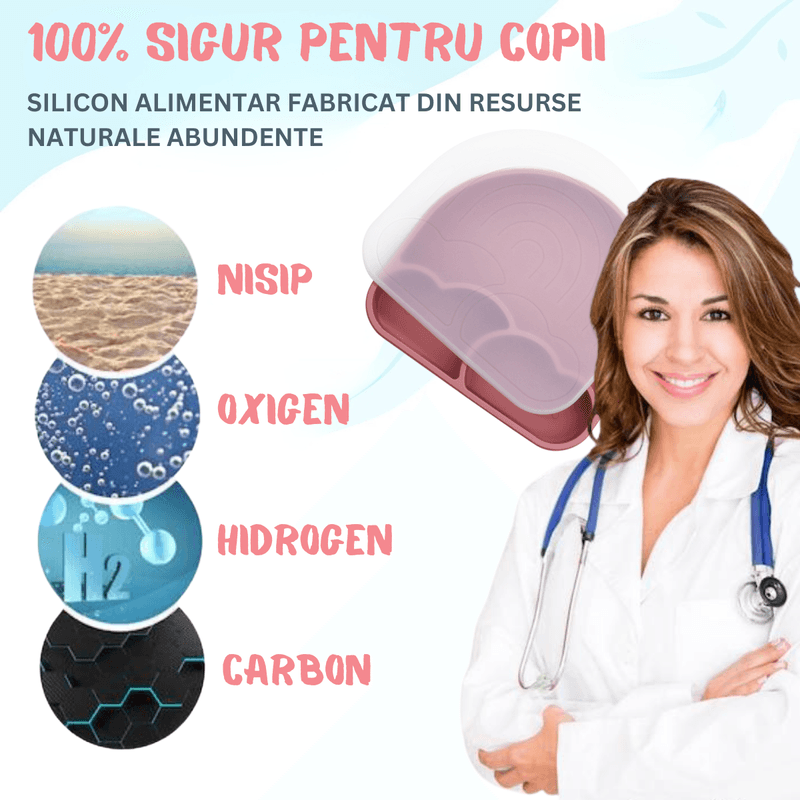 Jucarii, Copii si Bebe - Hrana si alaptare - Biberoane, suzete si accesorii hranire - Articole hranire bebelusi - Set hranire bebe, BLEKSY®, Baveta, Bol cu Ventuza, Farfurie cu Capac, Pahar, Lingurita si Furculita, Fara Alergeni - Infinity.ro