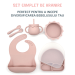 Jucarii, Copii si Bebe - Hrana si alaptare - Biberoane, suzete si accesorii hranire - Articole hranire bebelusi - Set hranire bebe, BLEKSY®, Baveta, Bol cu Ventuza, Farfurie cu Capac, Pahar, Lingurita si Furculita, Fara Alergeni, Roz - Infinity.ro