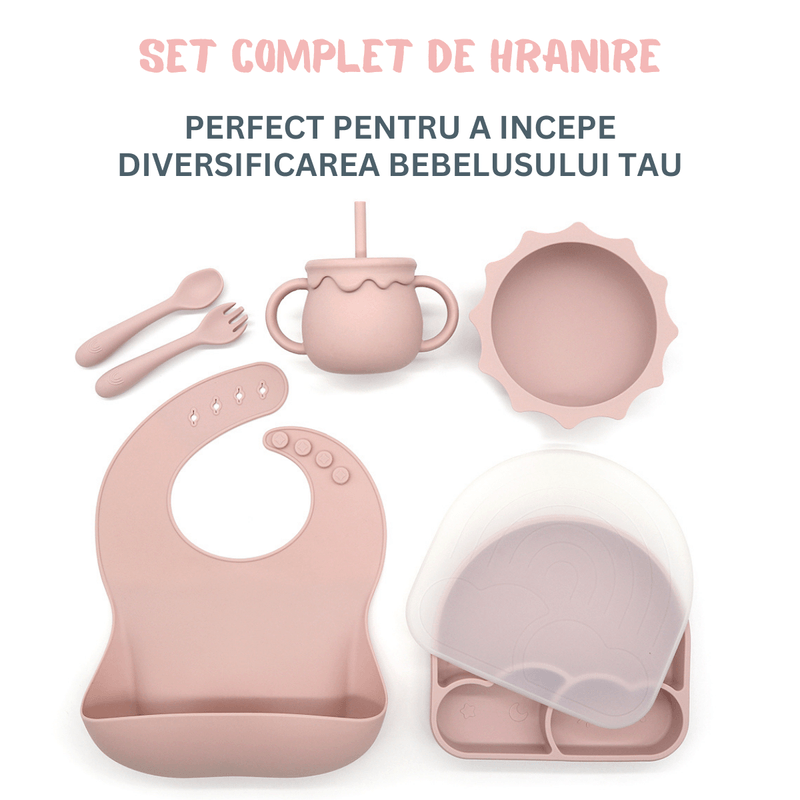 Jucarii, Copii si Bebe - Hrana si alaptare - Biberoane, suzete si accesorii hranire - Articole hranire bebelusi - Set hranire bebe, BLEKSY®, Baveta, Bol cu Ventuza, Farfurie cu Capac, Pahar, Lingurita si Furculita, Fara Alergeni, Roz - Infinity.ro