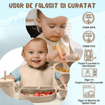 Jucarii, Copii si Bebe - Hrana si alaptare - Biberoane, suzete si accesorii hranire - Articole hranire bebelusi - Set hranire bebe, BLEKSY®, Baveta, Bol cu Ventuza, Farfurie cu Capac, Pahar, Lingurita si Furculita, Fara Alergeni, Bej - Infinity.ro
