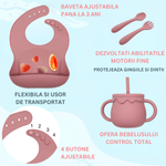 Jucarii, Copii si Bebe - Hrana si alaptare - Biberoane, suzete si accesorii hranire - Articole hranire bebelusi - Set hranire bebe, BLEKSY®, Baveta, Bol cu Ventuza, Farfurie cu Capac, Pahar, Lingurita si Furculita, Fara Alergeni - Infinity.ro