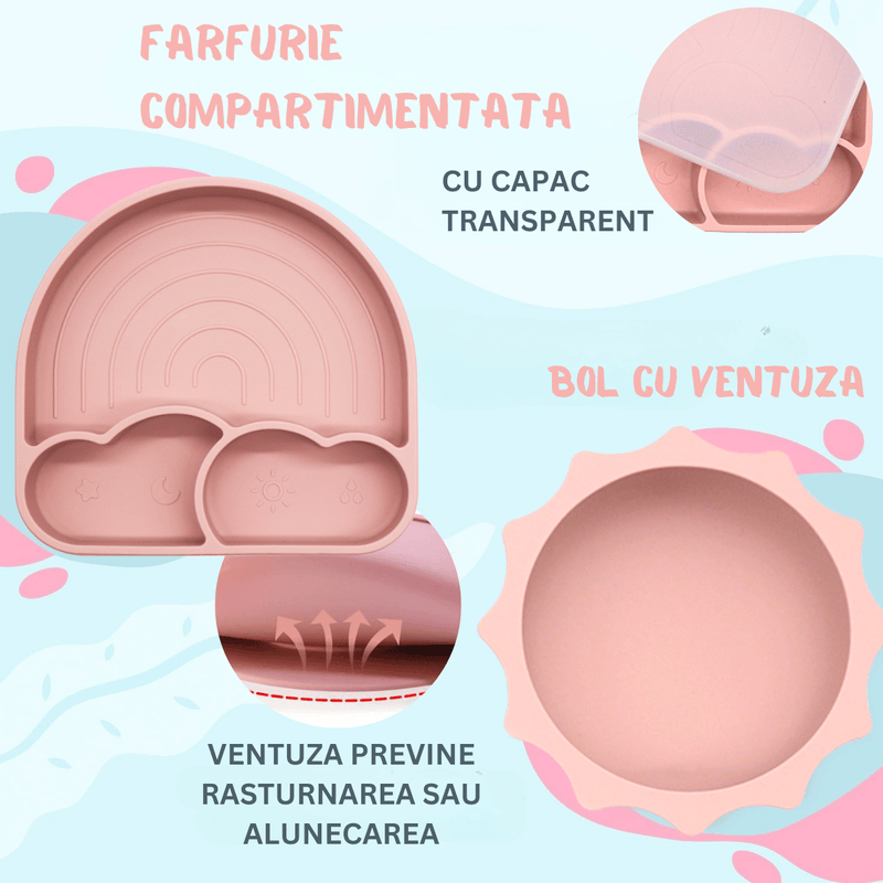 Jucarii, Copii si Bebe - Hrana si alaptare - Biberoane, suzete si accesorii hranire - Articole hranire bebelusi - Set hranire bebe, BLEKSY®, Baveta, Bol cu Ventuza, Farfurie cu Capac, Pahar, Lingurita si Furculita, Fara Alergeni, Roz - Infinity.ro