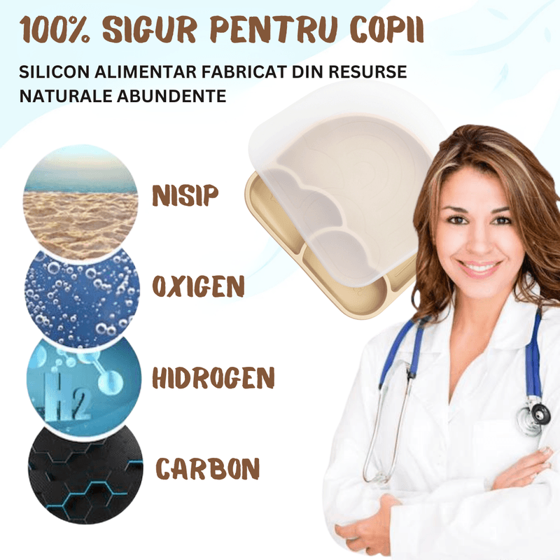 Jucarii, Copii si Bebe - Hrana si alaptare - Biberoane, suzete si accesorii hranire - Articole hranire bebelusi - Set hranire bebe, BLEKSY®, Baveta, Bol cu Ventuza, Farfurie cu Capac, Pahar, Lingurita si Furculita, Fara Alergeni, Bej - Infinity.ro