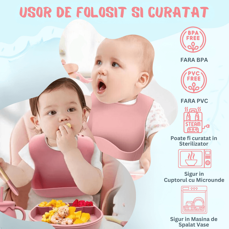 Jucarii, Copii si Bebe - Hrana si alaptare - Biberoane, suzete si accesorii hranire - Articole hranire bebelusi - Set hranire bebe, BLEKSY®, Baveta, Bol cu Ventuza, Farfurie cu Capac, Pahar, Lingurita si Furculita, Fara Alergeni - Infinity.ro