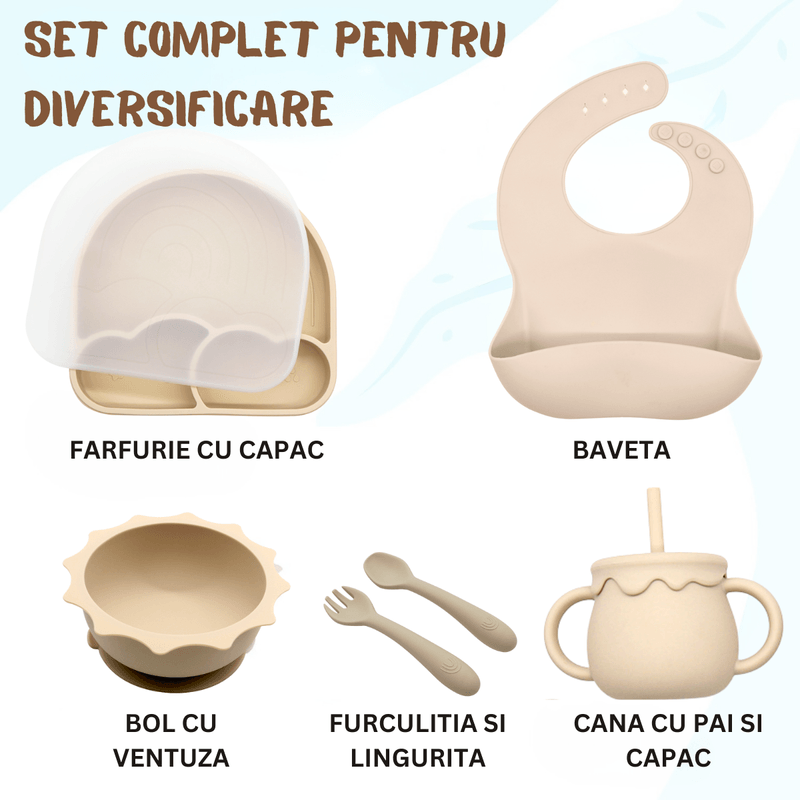 Jucarii, Copii si Bebe - Hrana si alaptare - Biberoane, suzete si accesorii hranire - Articole hranire bebelusi - Set hranire bebe, BLEKSY®, Baveta, Bol cu Ventuza, Farfurie cu Capac, Pahar, Lingurita si Furculita, Fara Alergeni, Bej - Infinity.ro