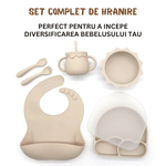 Jucarii, Copii si Bebe - Hrana si alaptare - Biberoane, suzete si accesorii hranire - Articole hranire bebelusi - Set hranire bebe, BLEKSY®, Baveta, Bol cu Ventuza, Farfurie cu Capac, Pahar, Lingurita si Furculita, Fara Alergeni, Bej - Infinity.ro