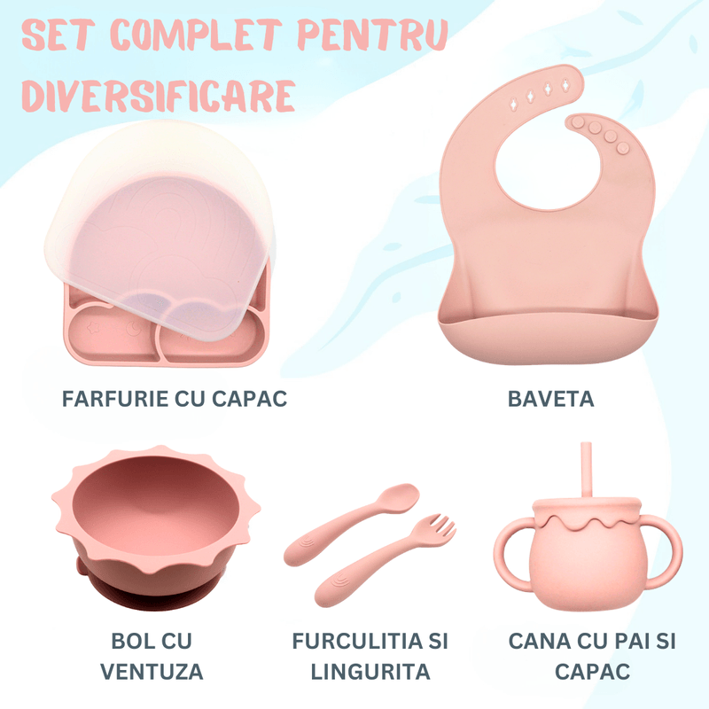 Jucarii, Copii si Bebe - Hrana si alaptare - Biberoane, suzete si accesorii hranire - Articole hranire bebelusi - Set hranire bebe, BLEKSY®, Baveta, Bol cu Ventuza, Farfurie cu Capac, Pahar, Lingurita si Furculita, Fara Alergeni, Roz - Infinity.ro