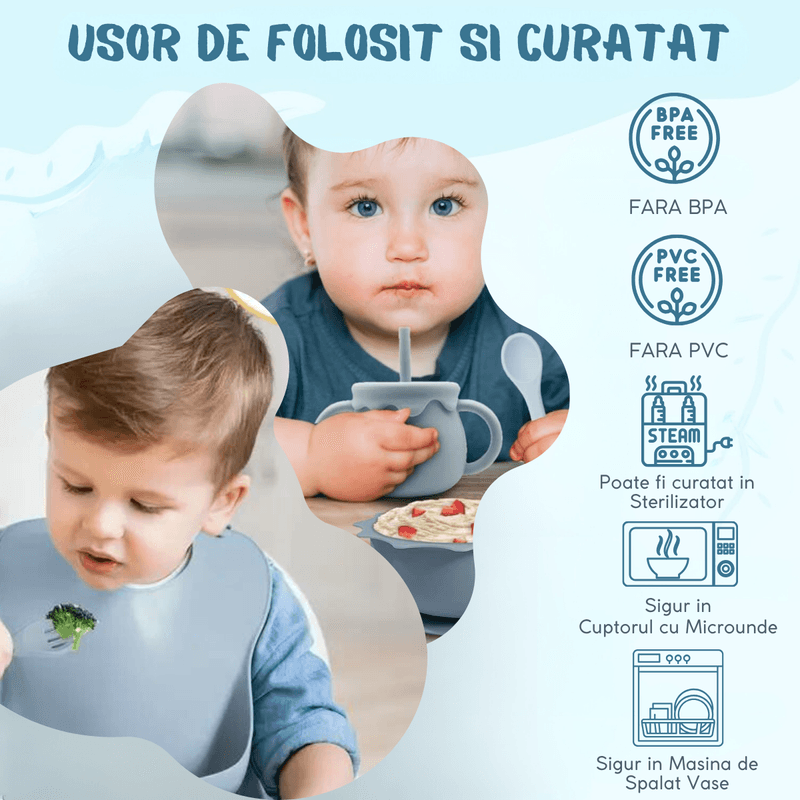 Jucarii, Copii si Bebe - Hrana si alaptare - Biberoane, suzete si accesorii hranire - Articole hranire bebelusi - Set hranire bebe, BLEKSY®, Baveta, Bol cu Ventuza, Farfurie cu Capac, Pahar, Lingurita si Furculita, Fara Alergeni, Blue - Infinity.ro