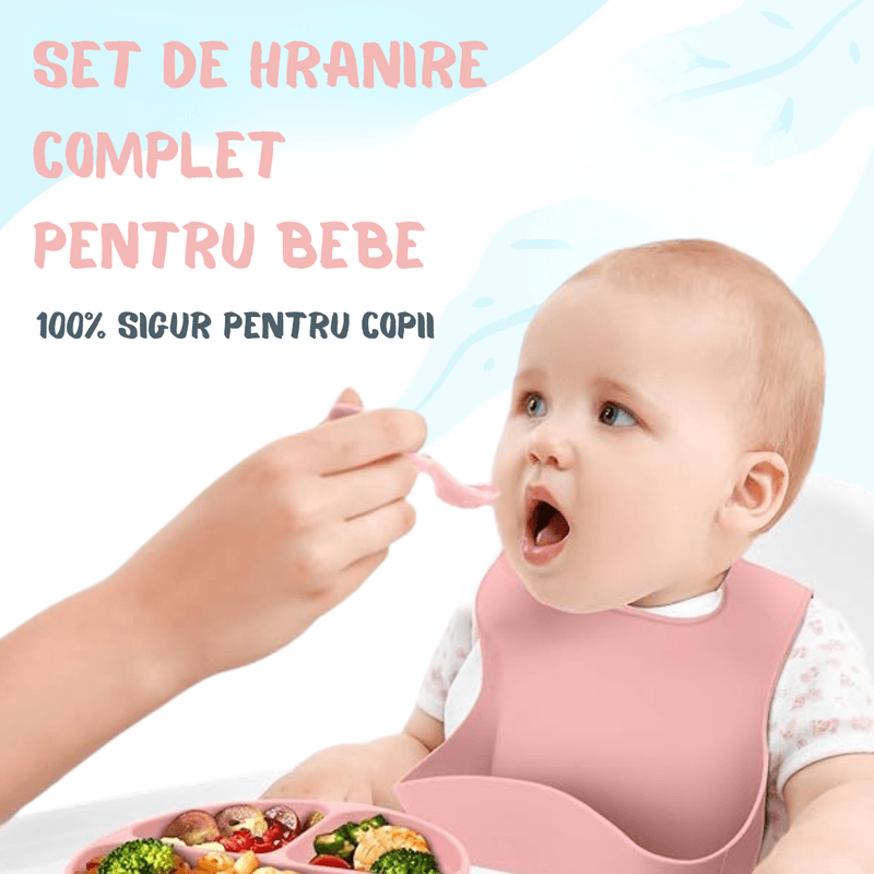 Jucarii, Copii si Bebe - Hrana si alaptare - Biberoane, suzete si accesorii hranire - Articole hranire bebelusi - Set hranire bebe, BLEKSY®, Baveta, Bol cu Ventuza, Farfurie cu Capac, Pahar, Lingurita si Furculita, Fara Alergeni, Roz - Infinity.ro