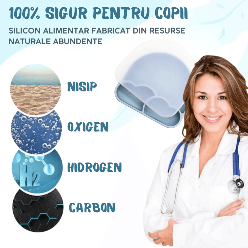 Jucarii, Copii si Bebe - Hrana si alaptare - Biberoane, suzete si accesorii hranire - Articole hranire bebelusi - Set hranire bebe, BLEKSY®, Baveta, Bol cu Ventuza, Farfurie cu Capac, Pahar, Lingurita si Furculita, Fara Alergeni, Blue - Infinity.ro