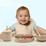 Jucarii, Copii si Bebe - Hrana si alaptare - Biberoane, suzete si accesorii hranire - Articole hranire bebelusi - Set hranire bebe, BLEKSY®, Baveta, Bol cu Ventuza, Farfurie cu Capac, Pahar, Lingurita si Furculita, Fara Alergeni, Bej - Infinity.ro