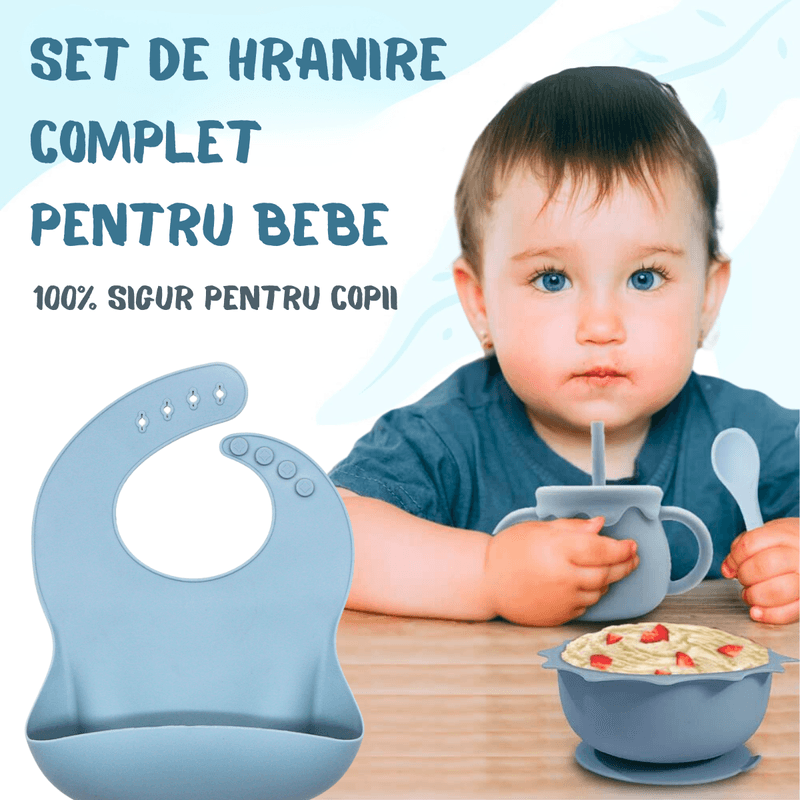 Jucarii, Copii si Bebe - Hrana si alaptare - Biberoane, suzete si accesorii hranire - Articole hranire bebelusi - Set hranire bebe, BLEKSY®, Baveta, Bol cu Ventuza, Farfurie cu Capac, Pahar, Lingurita si Furculita, Fara Alergeni, Blue - Infinity.ro