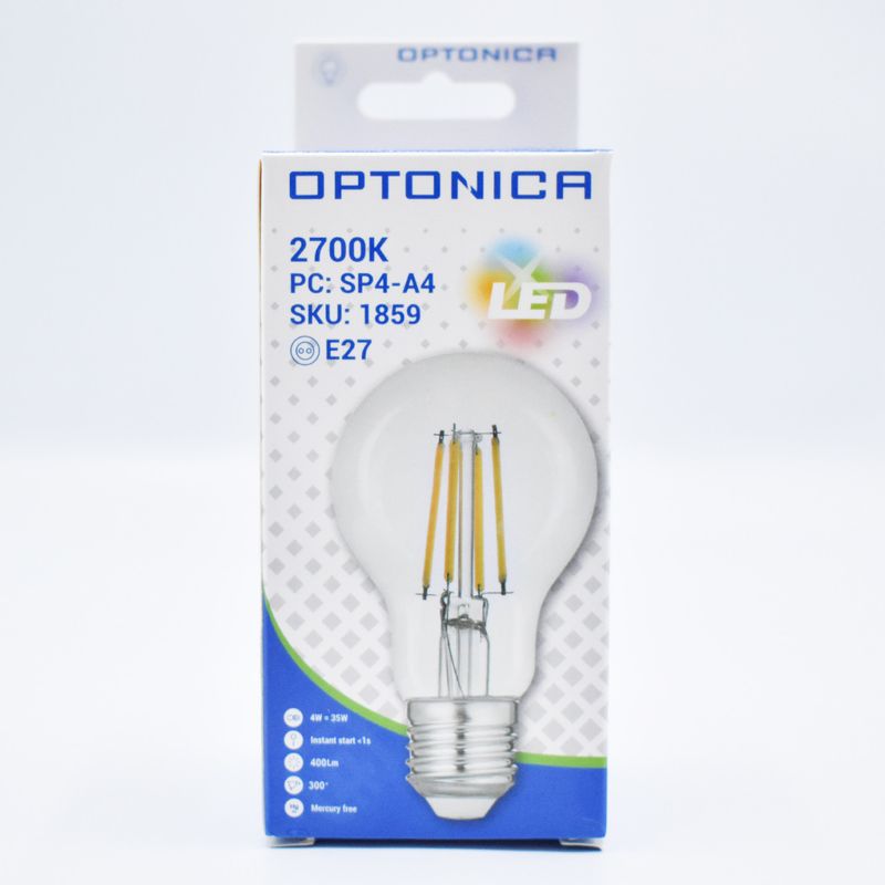 Casa si Gradina - Corpuri si surse de iluminat - Becuri si tuburi neon - Becuri - Bec LED Vintage filament 4W (35W), E27, A60, 400 lm, lumina calda (2700 K), transparent, Optonica - Infinity.ro