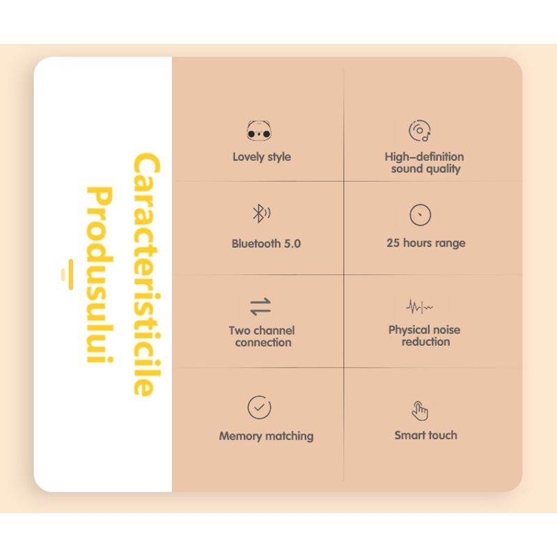 TV, Audio-Video si Foto - Portabile audio - Casti audio - Casti Wireless Carcasa Forma de fata de Pisica, 5.0, IPX4, USB-C, Cutie incarcare, Compatibilitate universala, Galben - Infinity.ro