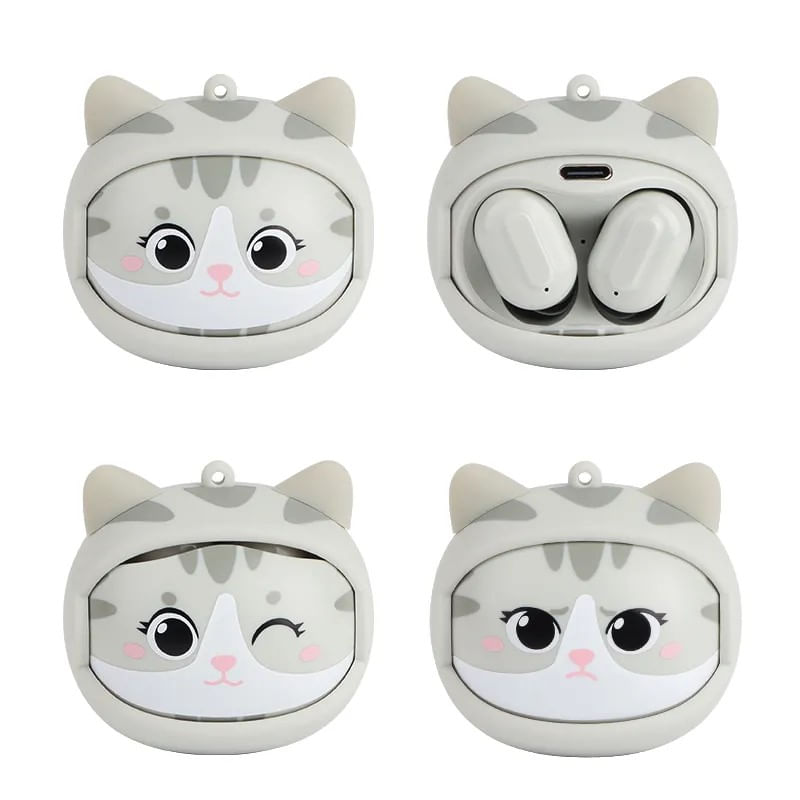 TV, Audio-Video si Foto - Portabile audio - Casti audio - Casti Wireless Carcasa Forma de fata de Pisica, 5.0, IPX4, Type-C, LED, Cutie incarcare, Compatibilitate universala, Gri - Infinity.ro