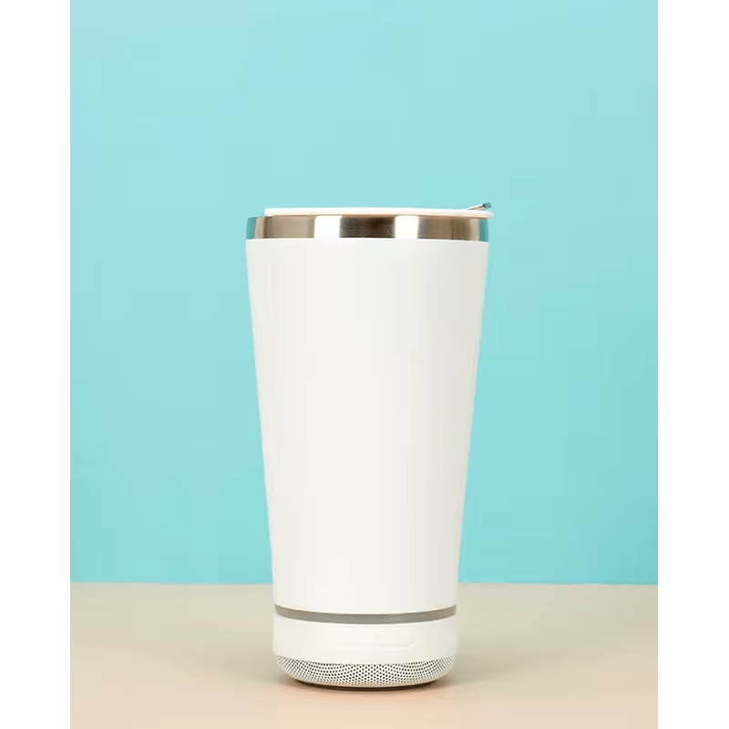 Casa si Gradina - Bucatarie si vesela - Accesorii bar - Termosuri si Cani termos - Cana tip termos cu boxa bluetooth, capacitate 500 ml, capac cu deschizator sticle, incarcare USB, lumina led, alb ABYZ®™ - Infinity.ro