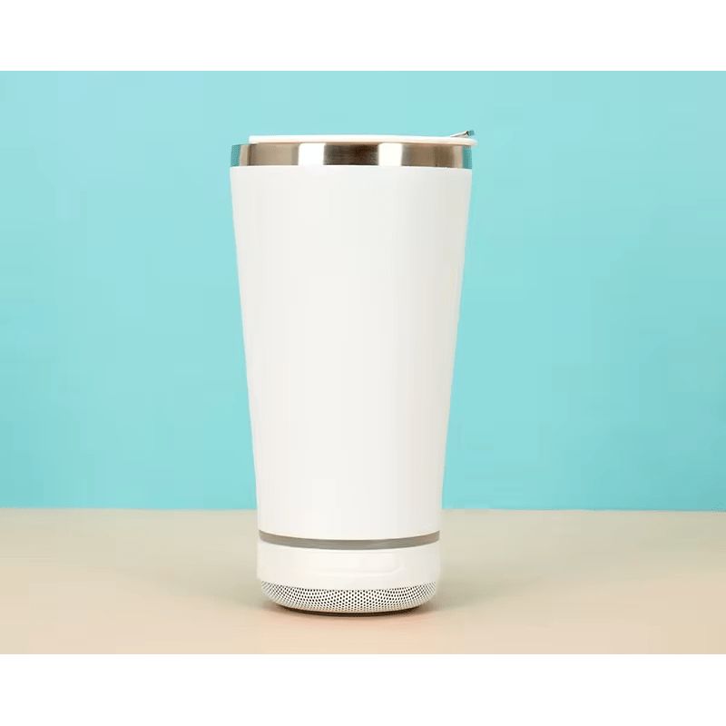 Casa si Gradina - Bucatarie si vesela - Accesorii bar - Termosuri si Cani termos - Cana tip termos cu boxa bluetooth, capacitate 500 ml, capac cu deschizator sticle, incarcare USB, lumina led, alb ABYZ®™ - Infinity.ro