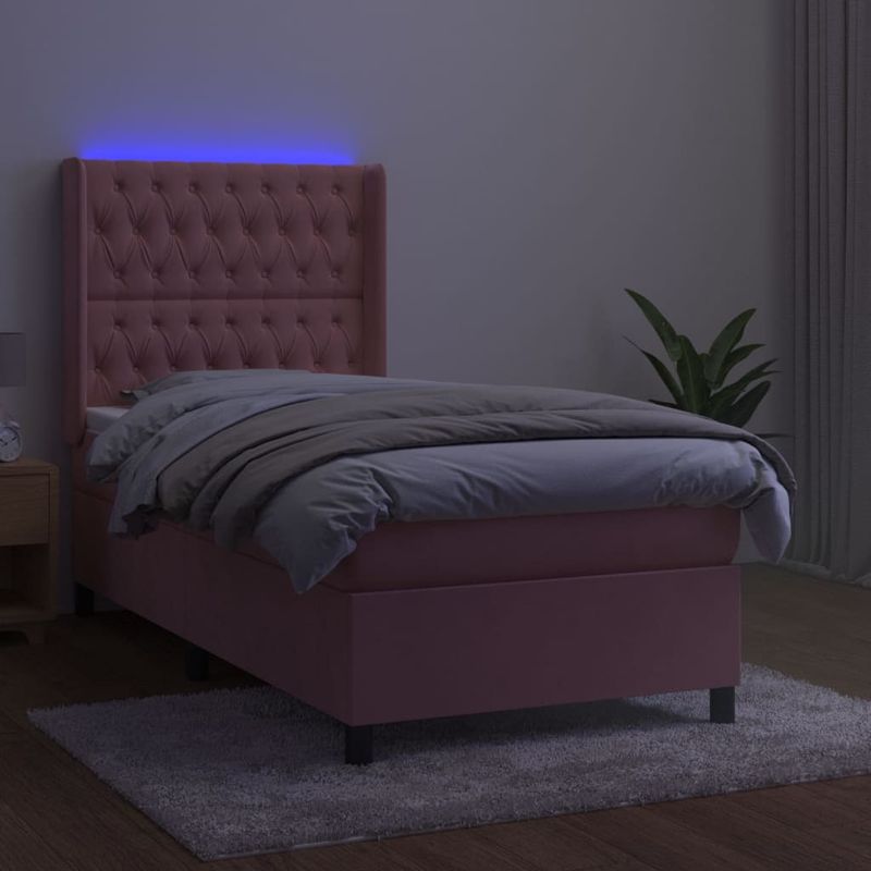 Casa si Gradina - Mobilier - Paturi si accesorii - Paturi - Pat cu arcuri, saltea si LED, roz, 90x190 cm, catifea - Infinity.ro