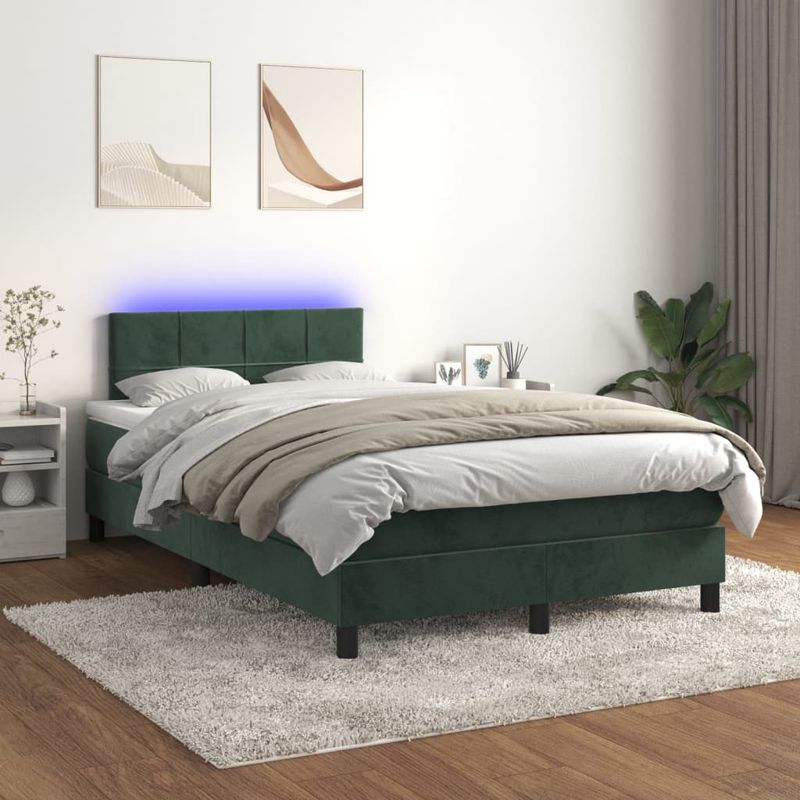 Casa si Gradina - Mobilier - Paturi si accesorii - Paturi - Pat cu arcuri, saltea si LED, verde inchis, 120x190 cm, catifea - Infinity.ro