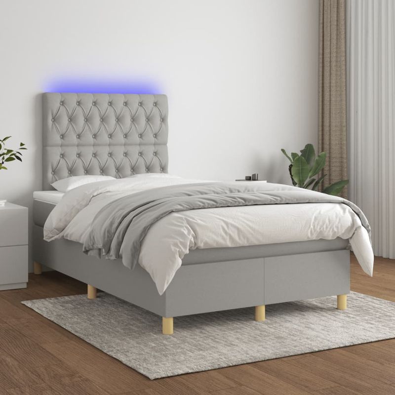 Casa si Gradina - Mobilier - Paturi si accesorii - Paturi - Pat cu arcuri, saltea si LED, gri deschis, 120x190 cm, textil - Infinity.ro
