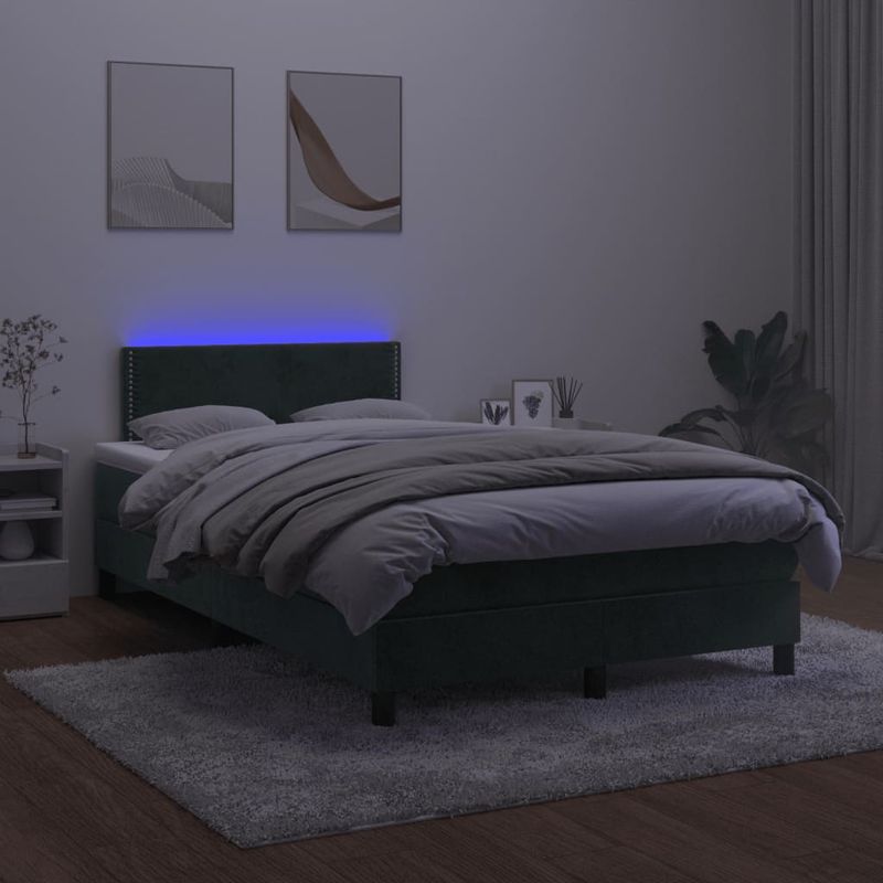 Casa si Gradina - Mobilier - Paturi si accesorii - Paturi - Pat cu arcuri, saltea si LED, verde inchis, 120x190 cm, catifea - Infinity.ro