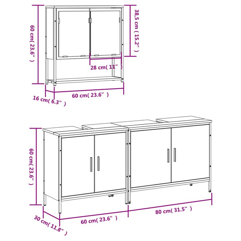 Casa si Gradina - Mobilier - Seturi de mobilier - Seturi baie - Set mobilier de baie, 3 piese, stejar fumuriu, lemn prelucrat - Infinity.ro