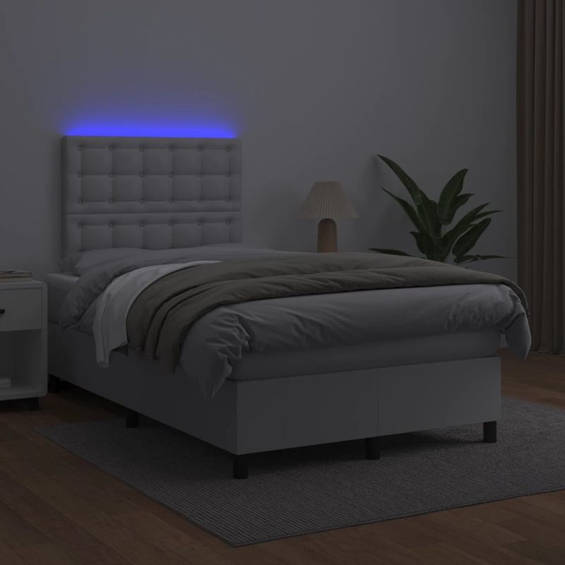 Casa si Gradina - Mobilier - Paturi si accesorii - Paturi - Pat box spring cu saltea si LED, alb, 120x190 cm, piele eco - Infinity.ro