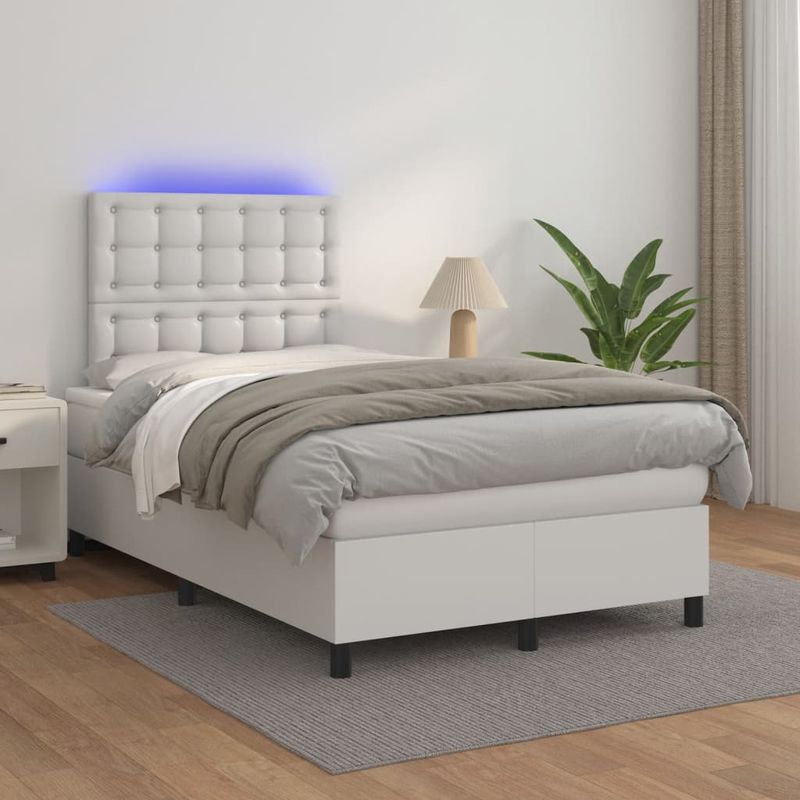Casa si Gradina - Mobilier - Paturi si accesorii - Paturi - Pat box spring cu saltea si LED, alb, 120x190 cm, piele eco - Infinity.ro