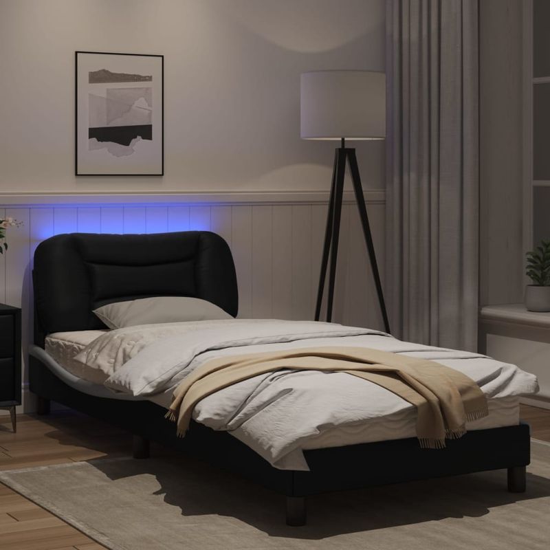Casa si Gradina - Mobilier - Paturi si accesorii - Paturi - Cadru de pat cu lumini LED negru/alb 90x190 cm piele ecologica - Infinity.ro