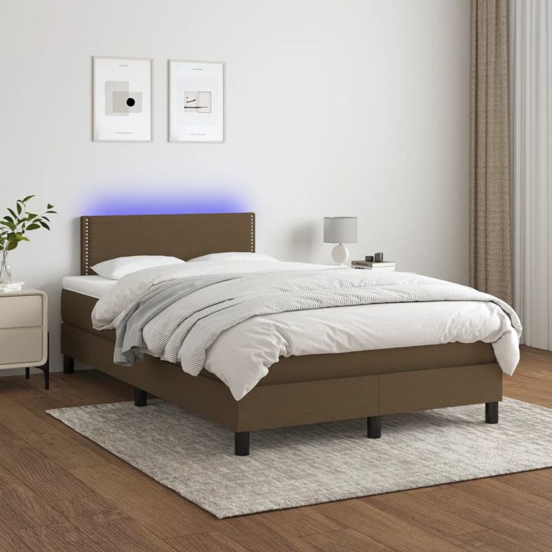 Casa si Gradina - Mobilier - Paturi si accesorii - Paturi - Pat cu arcuri, saltea si LED, maro inchis, 120x190 cm, textil - Infinity.ro