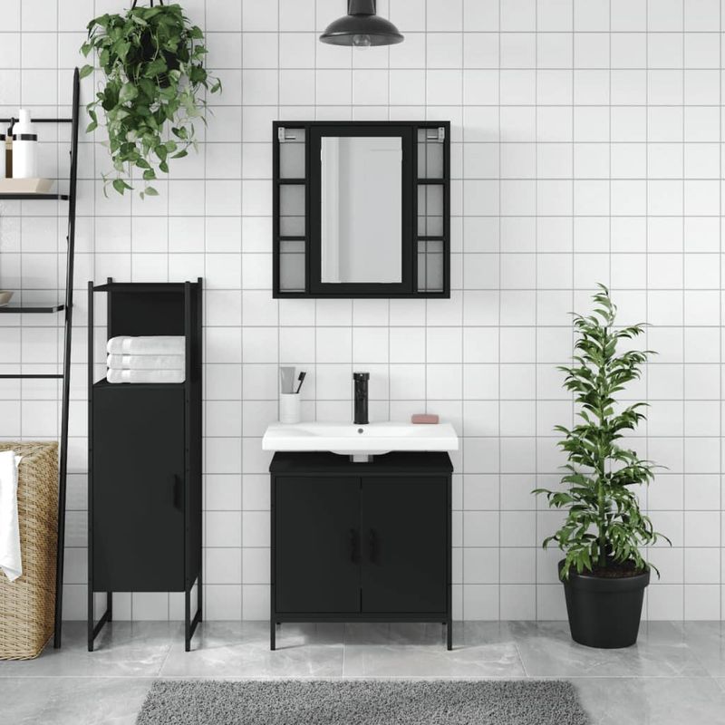 Casa si Gradina - Mobilier - Seturi de mobilier - Seturi baie - Set dulapuri de baie, 3 piese, negru, lemn prelucrat - Infinity.ro