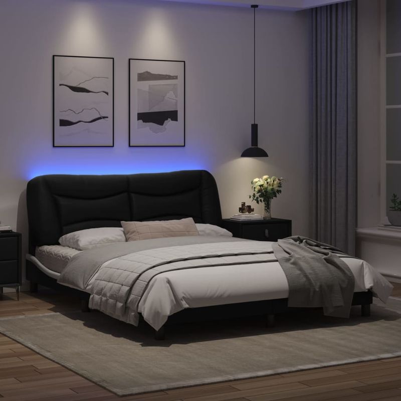 Casa si Gradina - Mobilier - Paturi si accesorii - Paturi - Cadru de pat cu LED, negru si alb, 160x200 cm, piele ecologica - Infinity.ro
