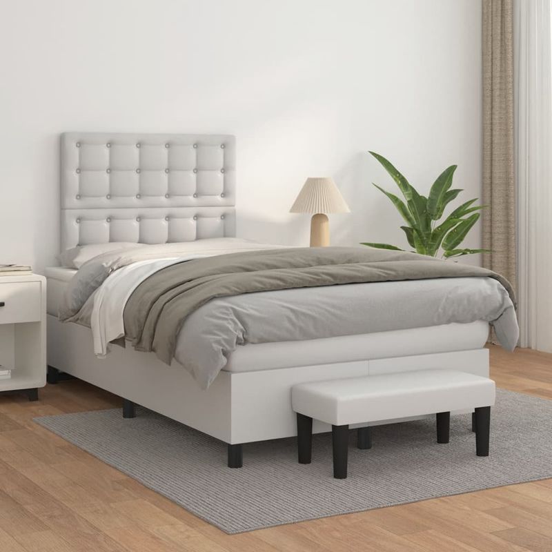Casa si Gradina - Mobilier - Paturi si accesorii - Paturi - Pat box spring cu saltea, alb, 120x190 cm, piele ecologica - Infinity.ro