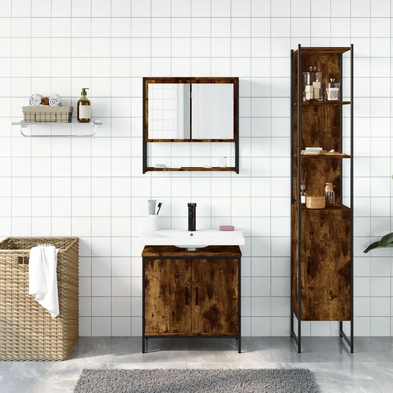 Casa si Gradina - Mobilier - Seturi de mobilier - Seturi baie - Set mobilier de baie, 3 piese, stejar fumuriu, lemn prelucrat - Infinity.ro