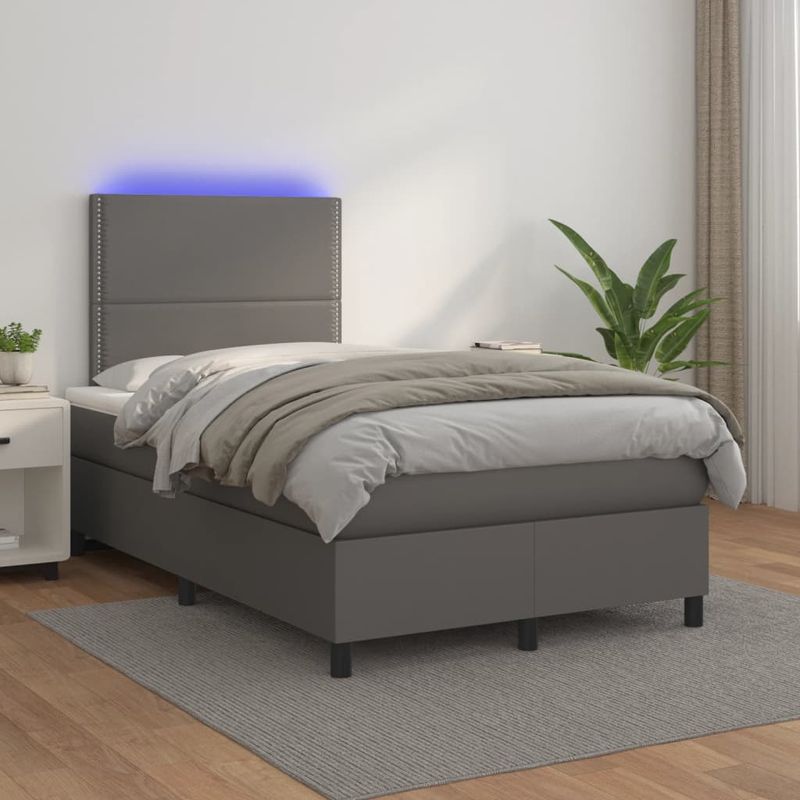 Casa si Gradina - Mobilier - Paturi si accesorii - Paturi - Pat cu arcuri, cu saltea & LED, gri, 120x190 cm, piele eco - Infinity.ro