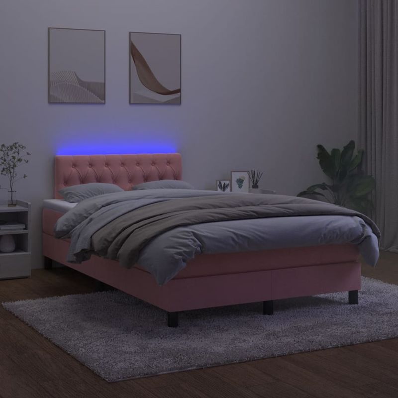 Casa si Gradina - Mobilier - Paturi si accesorii - Paturi - Pat cu arcuri, cu saltea si LED, roz, 120x190 cm catifea - Infinity.ro