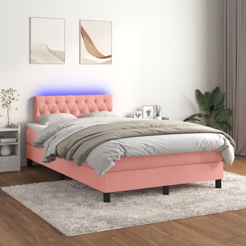 Casa si Gradina - Mobilier - Paturi si accesorii - Paturi - Pat cu arcuri, cu saltea si LED, roz, 120x190 cm catifea - Infinity.ro