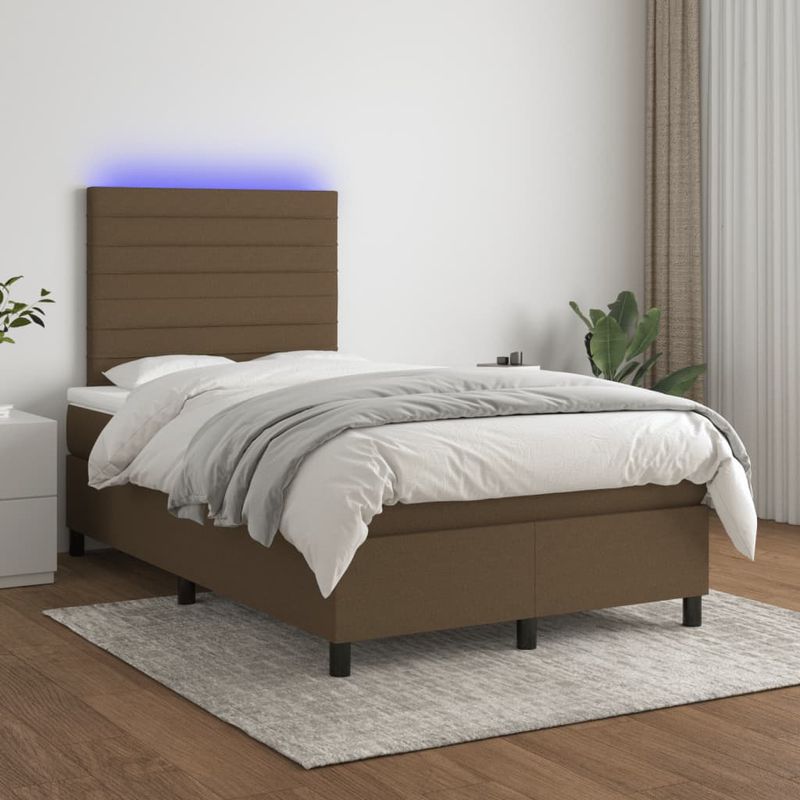 Casa si Gradina - Mobilier - Paturi si accesorii - Paturi - Pat cu arcuri, saltea si LED, maro inchis, 120x190 cm, textil - Infinity.ro
