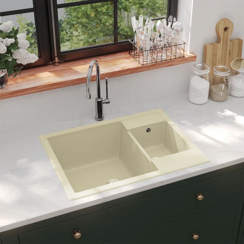 Casa si Gradina/Sanitare/Chiuveta bucatarie si accesorii/Chiuvete bucatarie - Chiuveta de bucatarie dubla cu orificiu de preaplin, bej granit - Infinity.ro