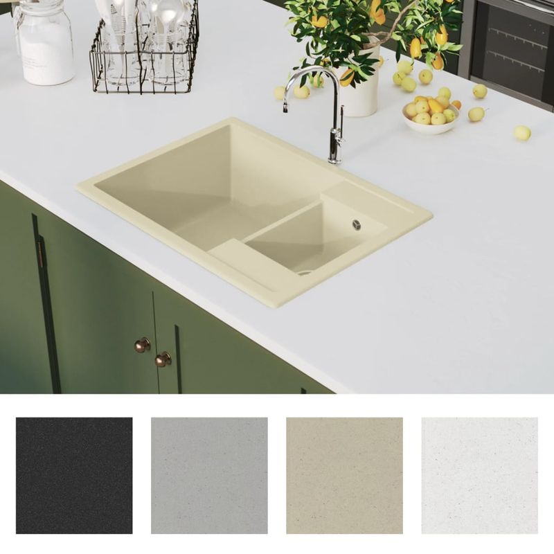 Casa si Gradina/Sanitare/Chiuveta bucatarie si accesorii/Chiuvete bucatarie - Chiuveta de bucatarie dubla cu orificiu de preaplin, bej granit - Infinity.ro