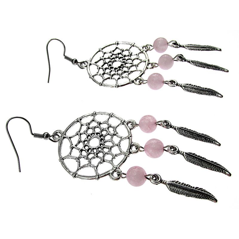 Fashion, accesorii si bijuterii - Femei - Bijuterii femei - Cercei femei - Cercei candelabru Dreamcatcher cu cuart roz natural - Infinity.ro