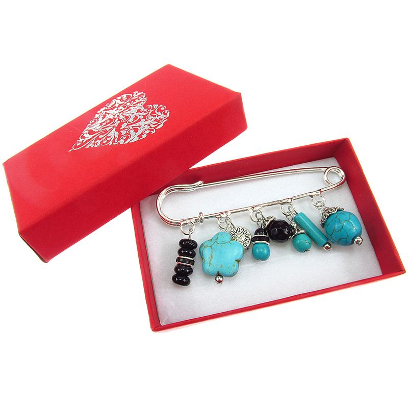 Fashion, accesorii si bijuterii - Femei - Bijuterii femei - Brose femei - Brosa ac de siguranta supradimensionat cu turcoaze si onix - Infinity.ro