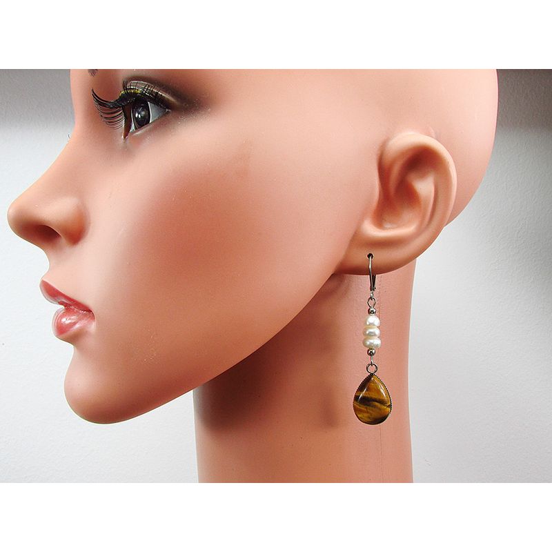 Fashion, accesorii si bijuterii - Femei - Bijuterii femei - Cercei femei - Cercei inox cu ochi de tigru si perle de cultura - Infinity.ro